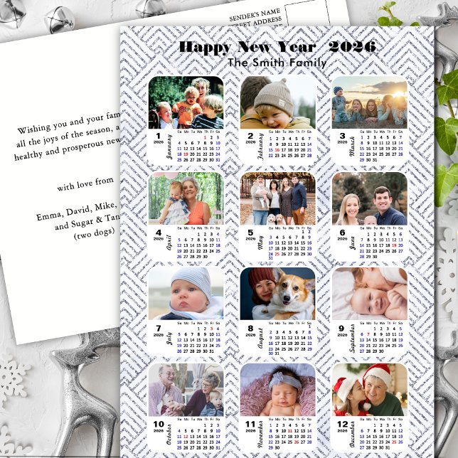 2026 Calendar Modern Family Photo Collage Silver Holiday Postcard (Creator Uploaded)