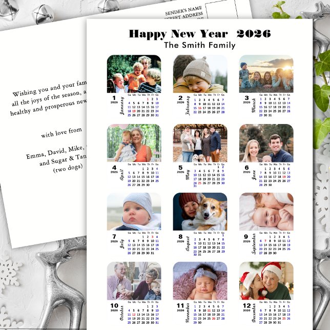 2026 Calendar Modern Family Photo Collage Simple Holiday Postcard (Creator Uploaded)