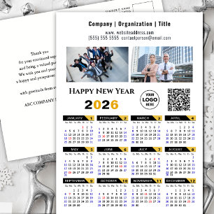 2026 Calendar Modern Gold Black Business Logo QR Holiday Postcard