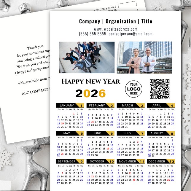2026 Calendar Modern Gold Black Business Logo QR Holiday Postcard (Creator Uploaded)