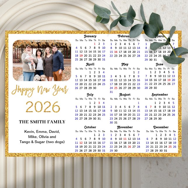 2026 Calendar Modern Gold Glitter Photo Magnetic (Creator Uploaded)