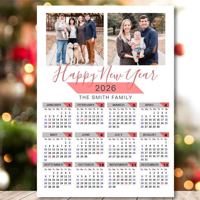 2026 Calendar Modern Pink Family 2 Photo Magnetic (Creator Uploaded)