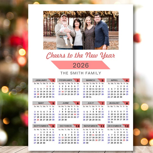 2026 Calendar Modern Pink Family Photo Magnetic (Creator Uploaded)