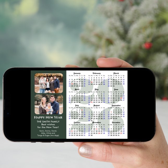 2026 Calendar Modern Sage Green Minimalist 2 Photo Holiday Card (Front Digital)