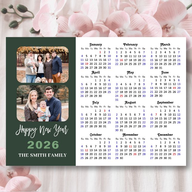 2026 Calendar Modern Sage Green Minimalist 2 Photo Holiday Card (Creator Uploaded)