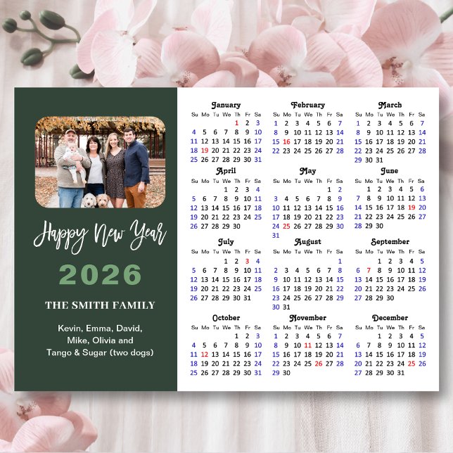 2026 Calendar Modern Sage Green Minimalist Photo Holiday Card (Creator Uploaded)