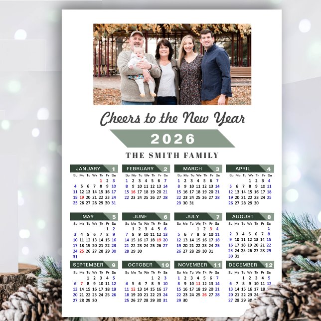 2026 Calendar Modern Sage Green Minimalist Photo Holiday Card (Creator Uploaded)