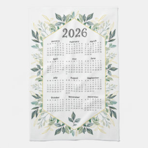 2026 Calendar Modern Watercolor Botanical Leaves Kitchen Towel