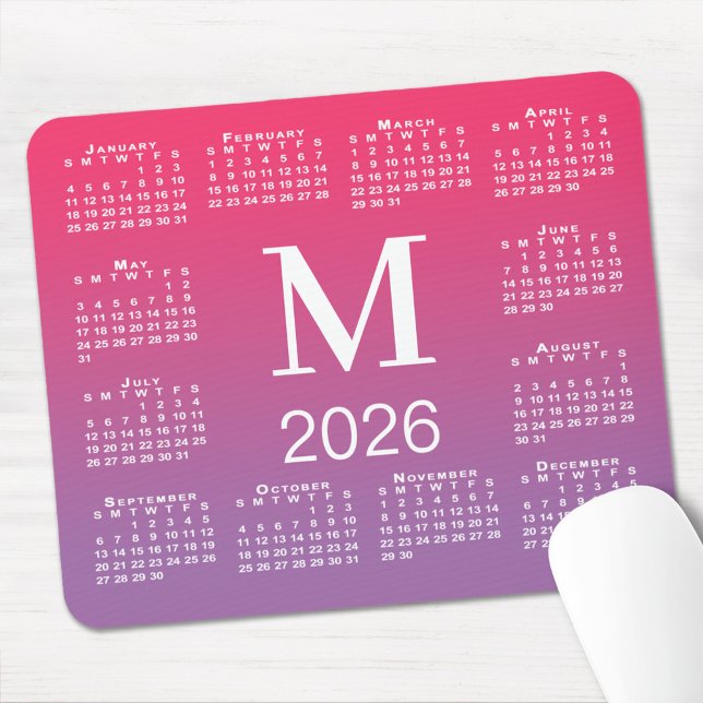 2026 Calendar Monogram on Pink to Purple Gradient Mouse Pad (2026 Calendar Monogram on Pink to Purple Gradient Mouse Pad, in situ)