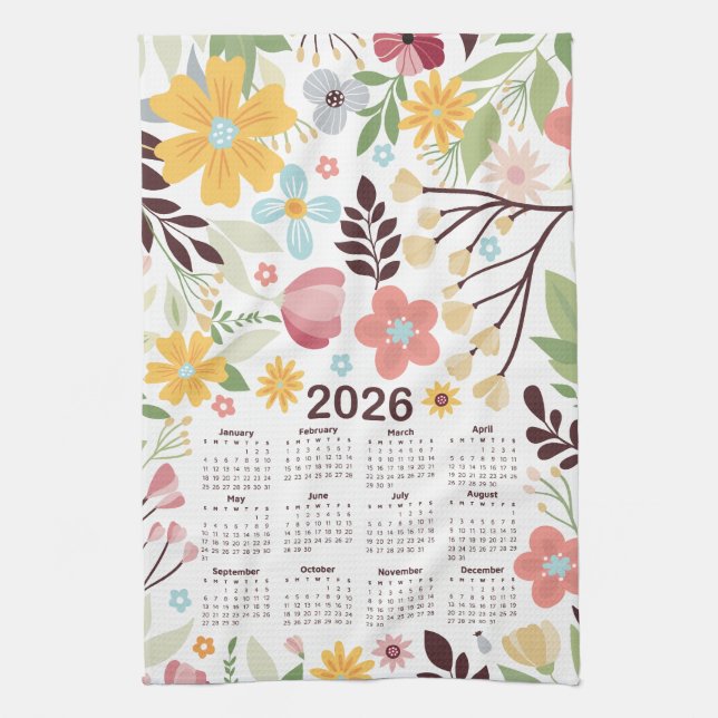 2026 Calendar Multicolor Hand Drawn Floral Kitchen Towel (Vertical)