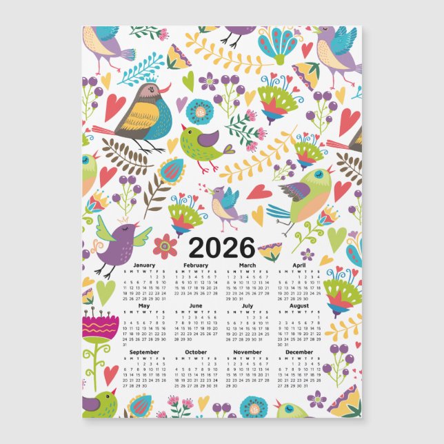 2026 Calendar Multicolored Birds and Flowers (Front)