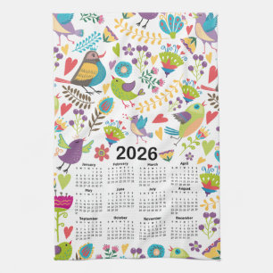 2026 Calendar Multicolored Birds and Flowers Kitchen Towel