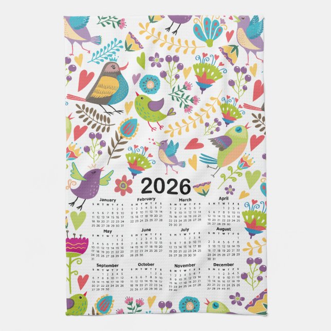 2026 Calendar Multicolored Birds and Flowers Kitchen Towel (Vertical)