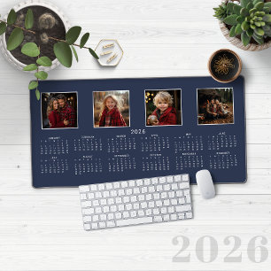 2026 Calendar Navy Blue Modern Photo Collage Desk Mat