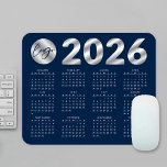 2026 Calendar Navy Blue & Silver Company Logo Mouse Pad<br><div class="desc">Create custom 2026 calendar mouse pad with your company logo using this modern navy blue and silver effect calendar design. Great to use as a promotional gift for clients and employees. Featuring faux silver effects over a dark blue background, your business logo & contact details - these 2026 calendar mouse...</div>