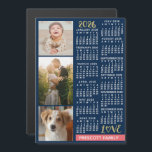2026 Calendar Navy Coral Gold Custom Photo Collage Magnetic Invitation<br><div class="desc">Celebrate 2026 with this preppy photo collage calendar magnetic card. With easy-to-read dates in bold white, this beautifully simple calendar has the words "2026" and "LOVE" in faux gold glitter with a bright coral pink bar along the bottom for your personalized family name or other text. The background is navy...</div>