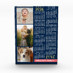 2026 Calendar Navy Coral Gold Family Photo Collage Acrylic Award