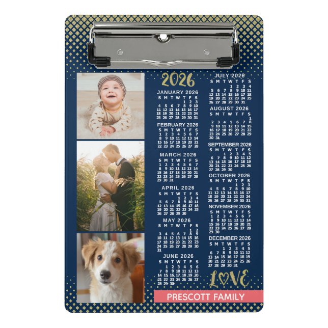 2026 Calendar Navy Coral Gold Family Photo Collage Mini Clipboard (Front)