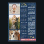 2026 Calendar Navy Coral Gold Photo Collage Magnet<br><div class="desc">Celebrate 2026 with this preppy photo collage calendar fridge magnet. With easy-to-read dates in bold white, this beautifully simple calendar has the words "2026" and "LOVE" in faux gold glitter with a bright coral pink bar along the bottom for your personalized family name or other text. The background is navy...</div>