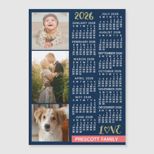 2026 Calendar Navy Coral Gold Photo Collage Magnet