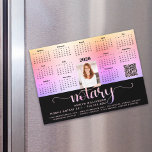 2026 Calendar Notary Black Pink QR Code Magnet<br><div class="desc">Present your best self to your clients and make sure they remember you year-round with this chic, elegant, 2026 calendar magnet card. A simple, modern 12 month calendar, faux pink purple yellow foil fancy handwritten script typography with feather pen, your custom qr code, personal photo and black and faux gold...</div>