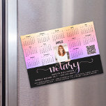 2026 Calendar Notary Black Pink QR Code Magnet<br><div class="desc">Present your best self to your clients and make sure they remember you year-round with this chic, elegant, 2026 calendar magnet card. A simple, modern 12 month calendar, faux pink purple yellow foil fancy handwritten script typography with feather pen, your custom qr code, personal photo and black and faux gold...</div>