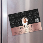 2026 Calendar Notary Copper Black QR Code Magnet<br><div class="desc">Present your best self to your clients and make sure they remember you year-round with this chic, elegant, 2026 calendar magnet card. A simple, modern 12 month calendar, black fancy handwritten script typography with feather pen, your custom qr code, personal photo and black sans serif typography overlay black and faux...</div>