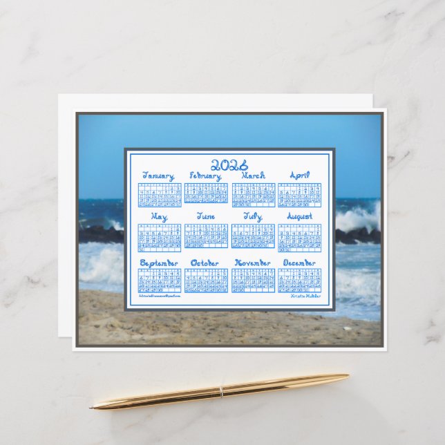 2026 Calendar Ocean Waves Beach Rocks Fabric Font (Front/Back In Situ)