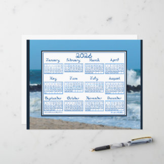 2026 Calendar Ocean Waves Beach Rocks Fabric Font