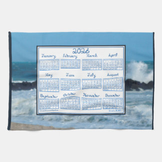 2026 Calendar Ocean Waves Beach Rocks Fabric Font Kitchen Towel