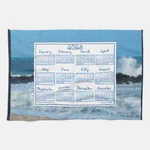2026 Calendar Ocean Waves Beach Rocks Fabric Font Kitchen Towel