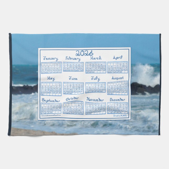 2026 Calendar Ocean Waves Beach Rocks Fabric Font Kitchen Towel (Horizontal)