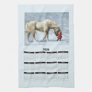 2026 Calendar of a Horse and Girl in Winter Snow Kitchen Towel