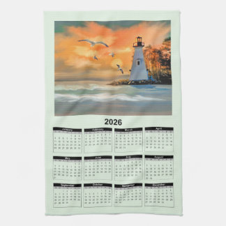2026 Calendar of a White Lighthouse in Sunset Kitchen Towel