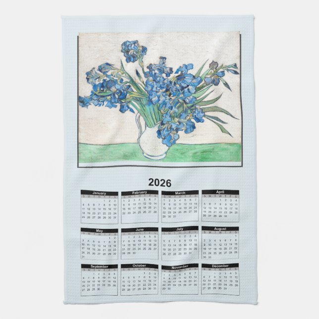2026 Calendar of Van Gogh Blue Flowers in Vase Kitchen Towel (Vertical)