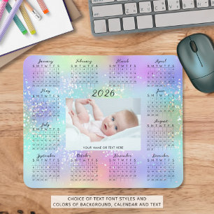2026 Calendar One Photo Rainbow Glitter Script Mouse Pad