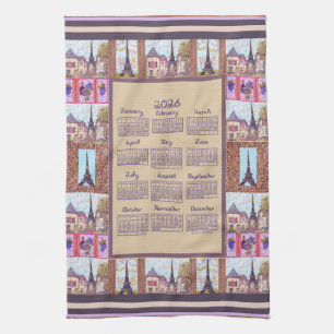 2026 Calendar Paris Eiffel Tower Pointillism Art Kitchen Towel