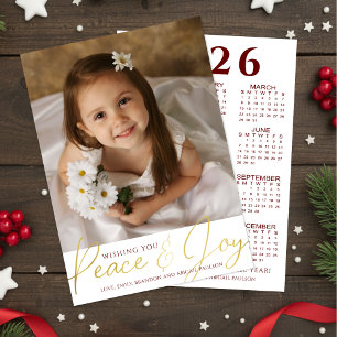 2026 Calendar PEACE & JOY Photo Custom Color Holiday Card