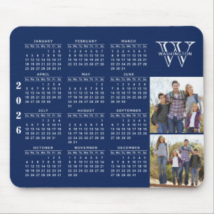 2026 Calendar Photo Collage Navy Blue Monogrammed Mouse Pad