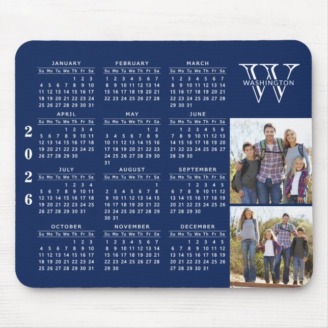 2026 Calendar Photo Collage Navy Blue Monogrammed Mouse Pad (Front)