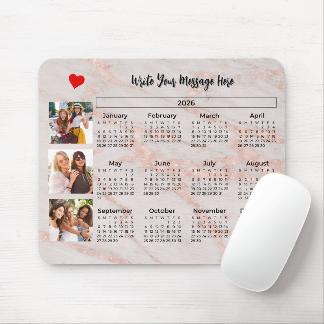 2026 Calendar Pink Marbleized Photo Collage Magnet Mouse Pad (With Mouse)
