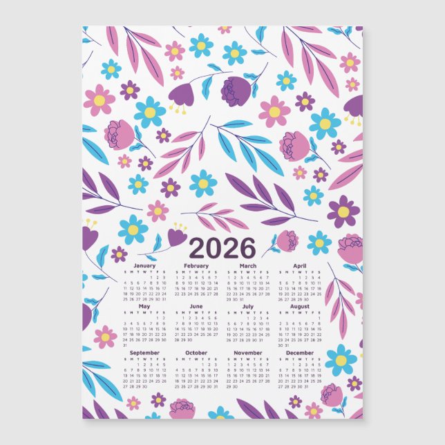 2026 Calendar Purple and Blue Floral Pattern (Front)