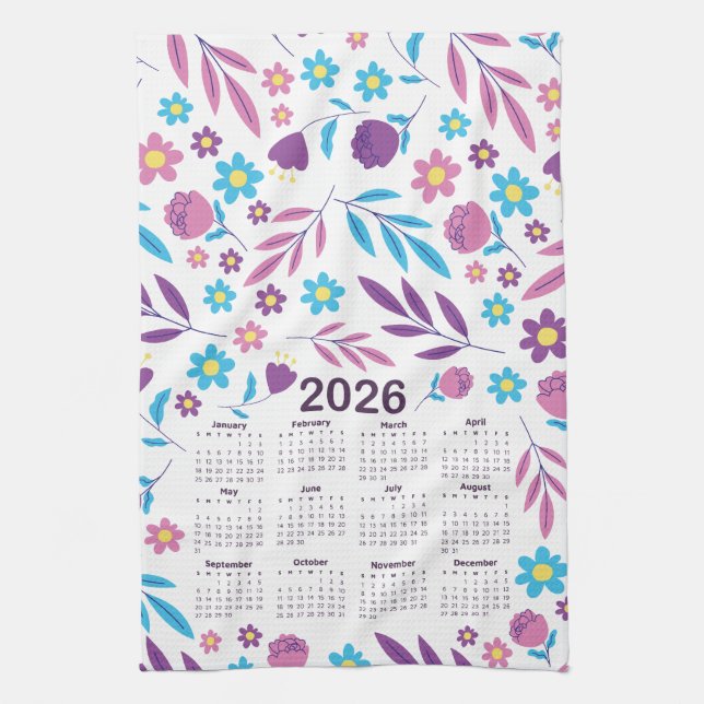 2026 Calendar Purple and Blue Floral Pattern Kitchen Towel (Vertical)
