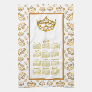 2026 Calendar Queen Hearts Gold Crown Fabric Font Kitchen Towel
