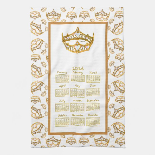 2026 Calendar Queen Hearts Gold Crown Fabric Font Kitchen Towel (Vertical)