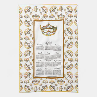 2026 Calendar Queen Hearts Gold Crown Fabric Font Kitchen Towel