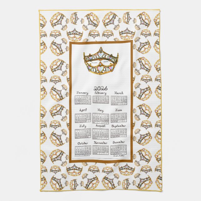 2026 Calendar Queen Hearts Gold Crown Fabric Font Kitchen Towel (Vertical)