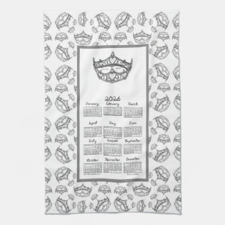 2026 Calendar Queen of Hearts Silver Tiara Fabric  Kitchen Towel