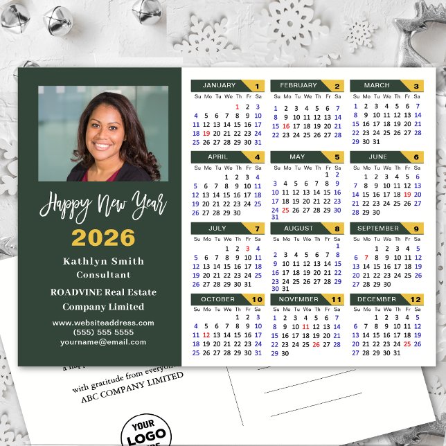 2026 Calendar Sage Green Minimalist Business Logo  Holiday Postcard (Creator Uploaded)