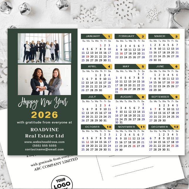 2026 Calendar Sage Green Minimalist Business Logo Holiday Postcard (Creator Uploaded)